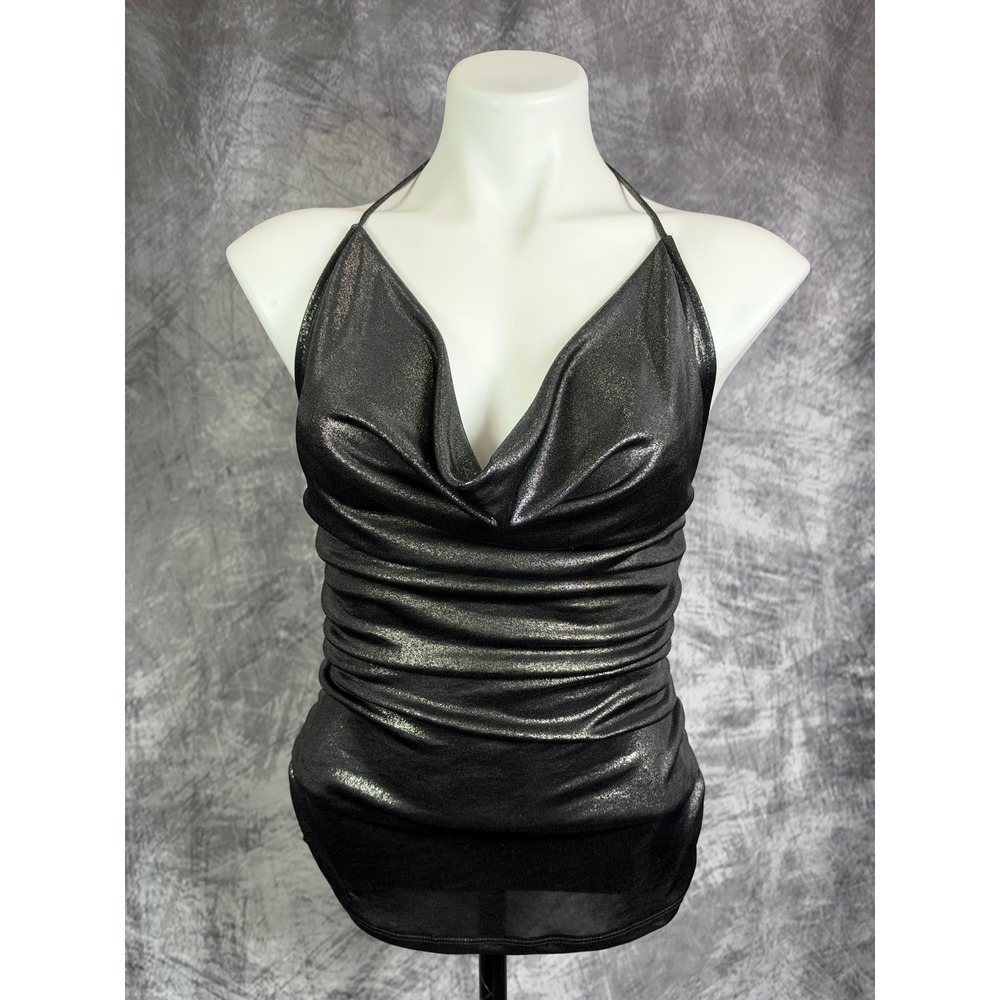Express Halter Top Women Small Black Metallic Silver Cowl Neck Ruched Sleeveless